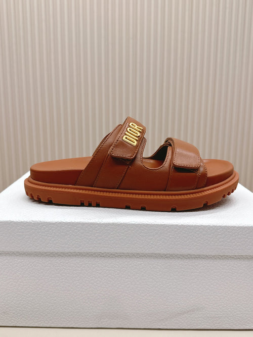DIOR CLASSIC DOUBLE-STRAP SLIDES 25S IN BROWN CALFSKIN