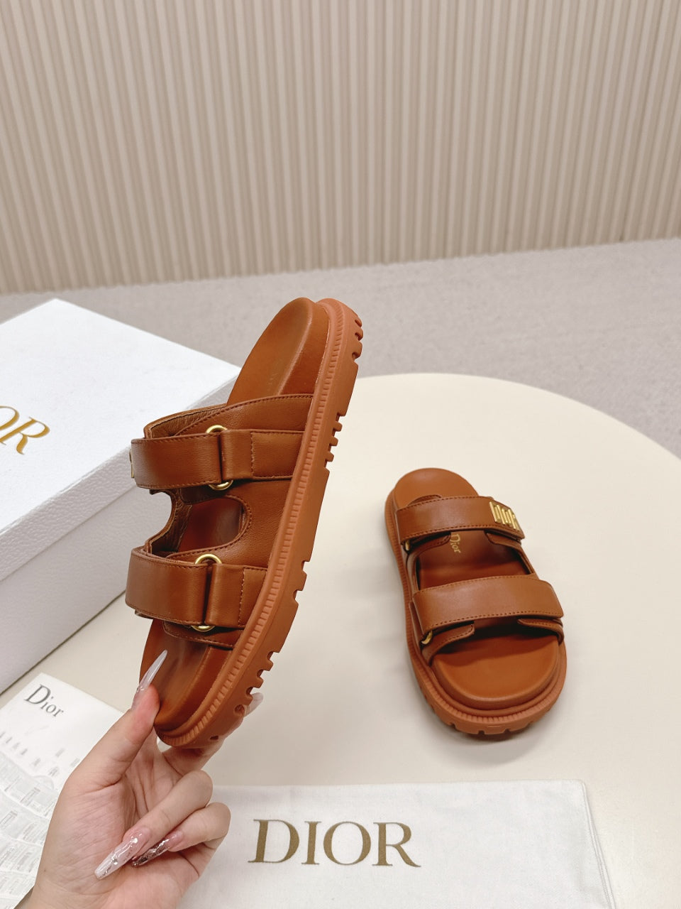 DIOR CLASSIC DOUBLE-STRAP SLIDES 25S IN BROWN CALFSKIN