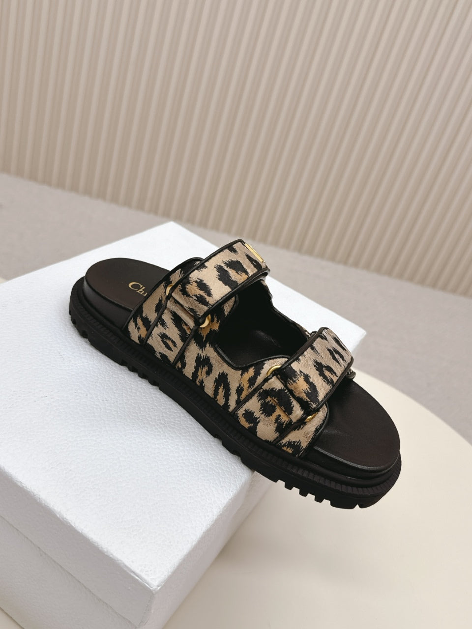 DIOR CLASSIC DOUBLE-STRAP SLIDES 25S IN BROWN MIX BLACK FABRIC AND CALFSKIN WITH LEOPARD PRINT