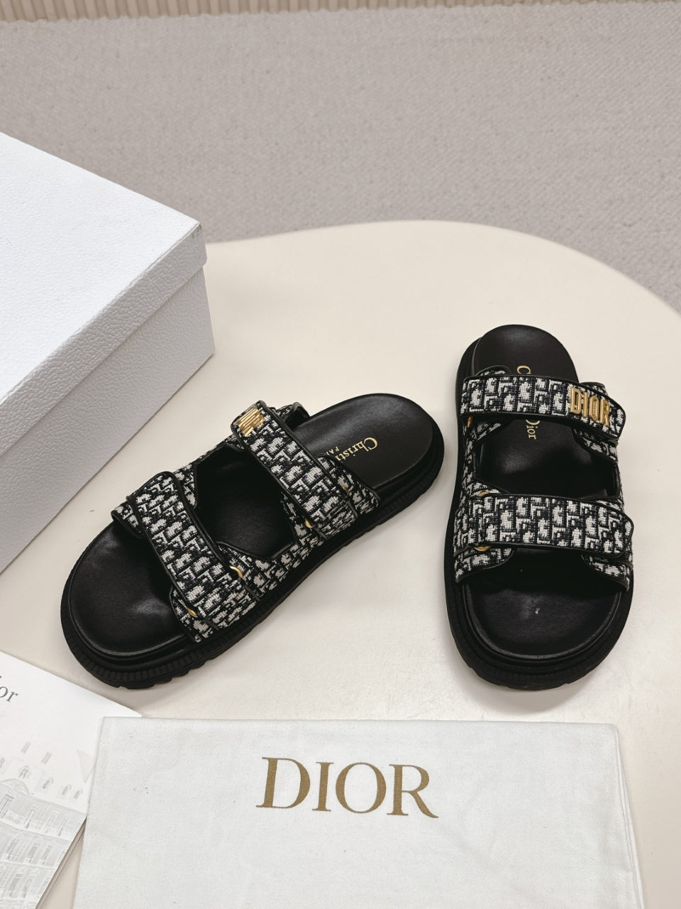 DIOR CLASSIC DOUBLE-STRAP SLIDES 25S IN BLACK FABRIC AND CALFSKIN