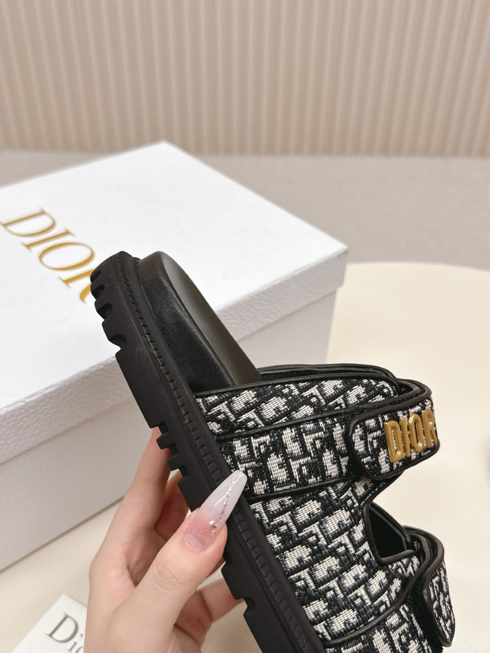 DIOR CLASSIC DOUBLE-STRAP SLIDES 25S IN BLACK FABRIC AND CALFSKIN
