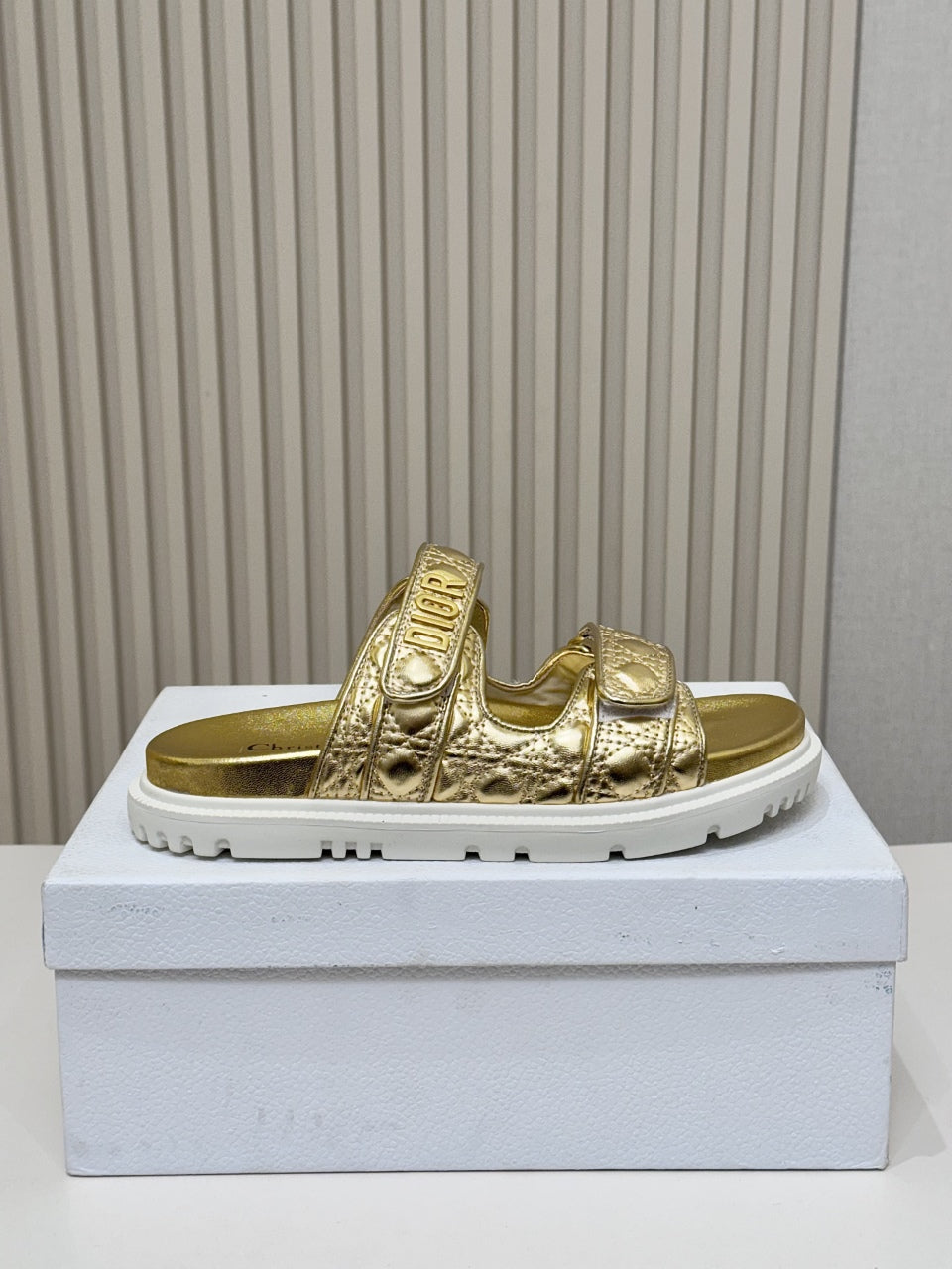 DIOR CLASSIC DOUBLE-STRAP SLIDES 25S IN GOLD CALFSKIN