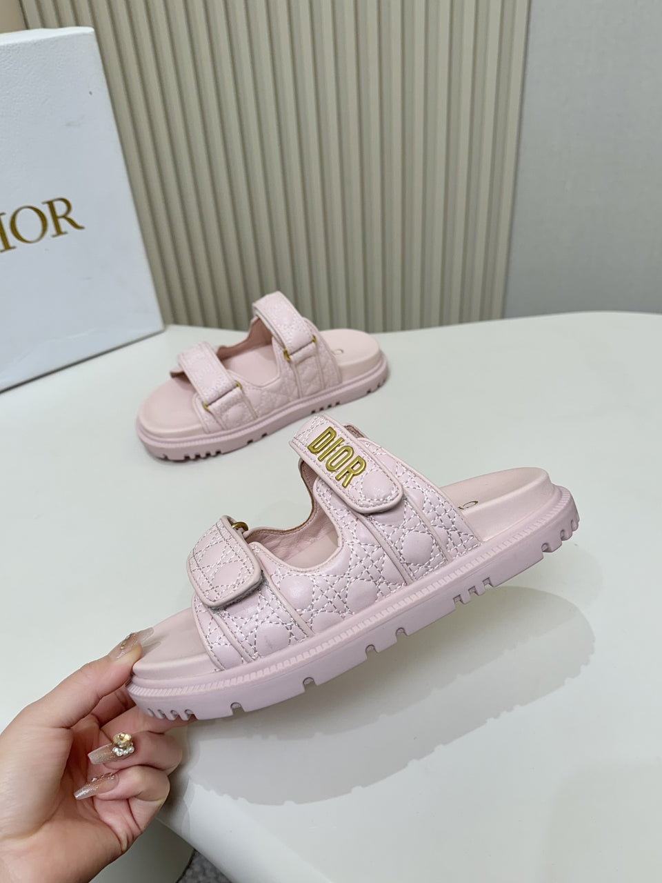 DIOR CLASSIC DOUBLE-STRAP SLIDES 25S IN PASTEL PINK CALFSKIN