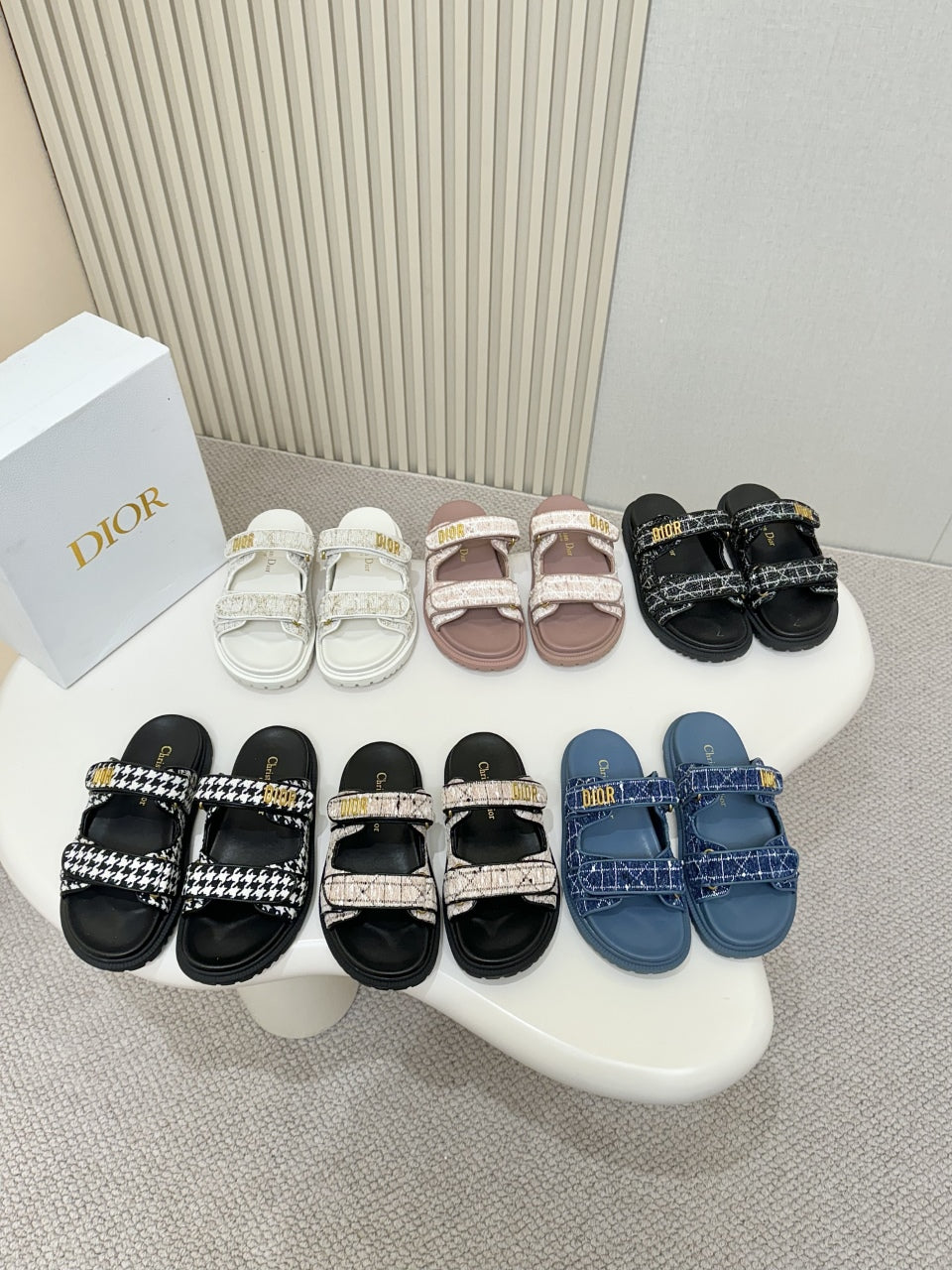 DIOR CLASSIC DOUBLE-STRAP SLIDES 25S IN SOFT ROSE BEIGE TWEED AND BLACK CALFSKIN