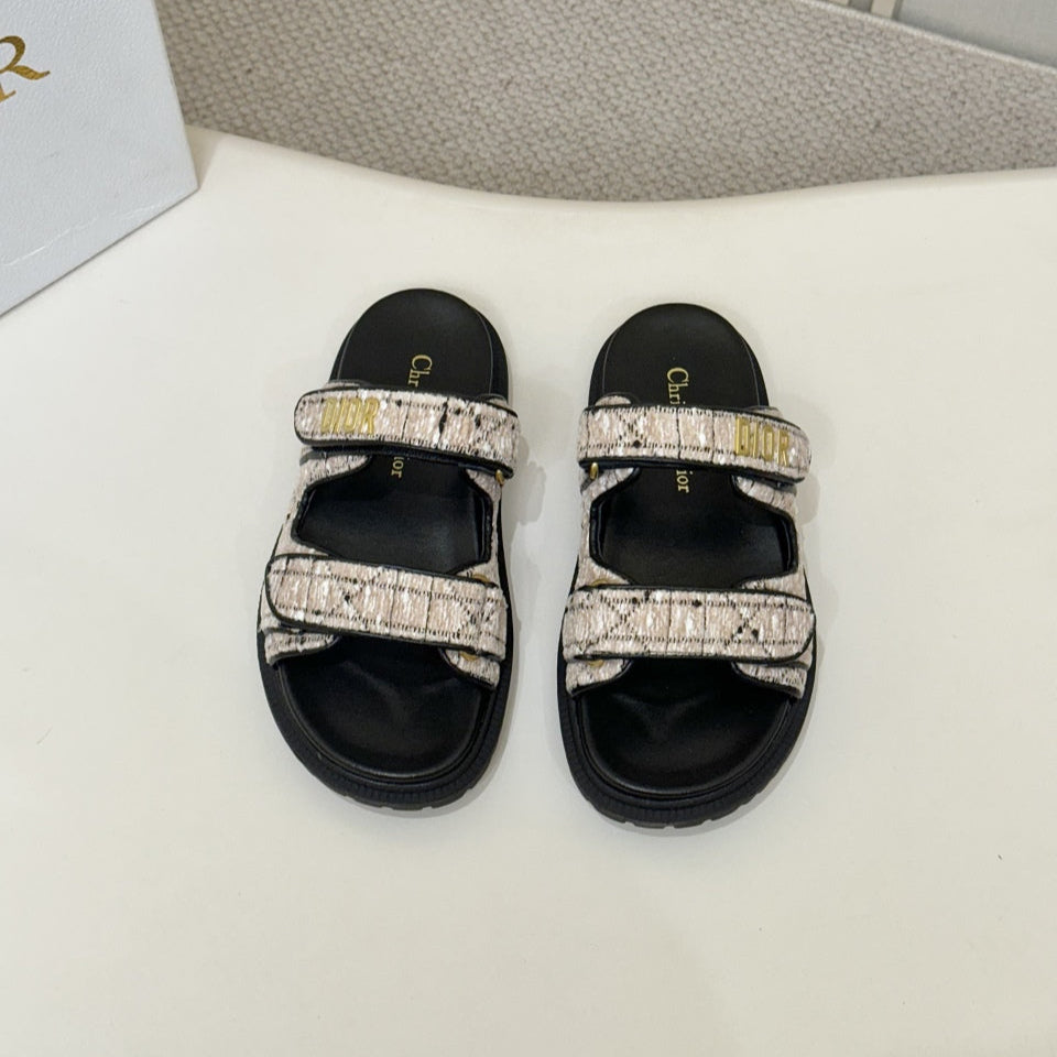 DIOR CLASSIC DOUBLE-STRAP SLIDES 25S IN SOFT ROSE BEIGE TWEED AND BLACK CALFSKIN