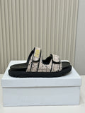 DIOR CLASSIC DOUBLE-STRAP SLIDES 25S IN SOFT ROSE BEIGE TWEED AND BLACK CALFSKIN