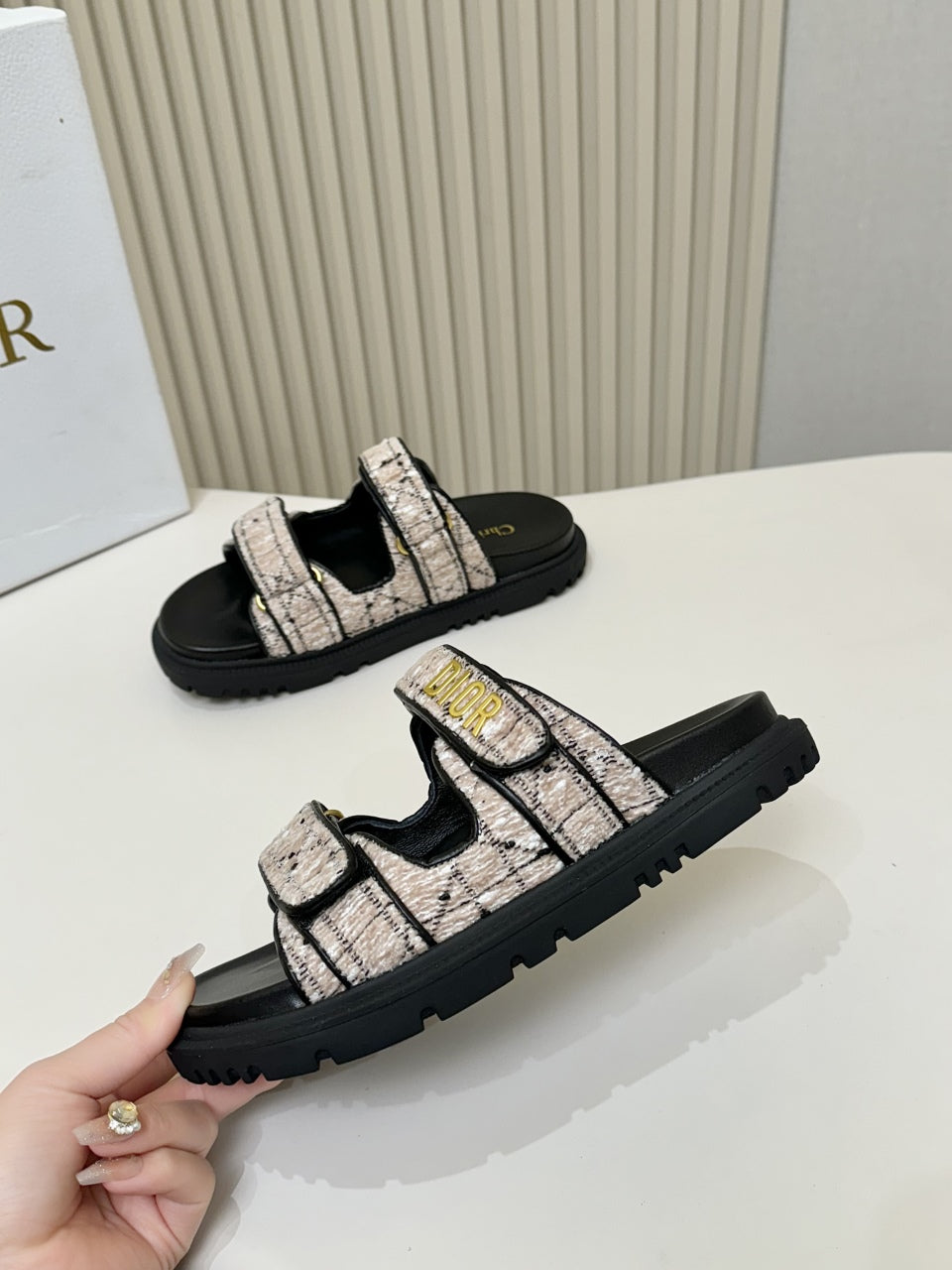 DIOR CLASSIC DOUBLE-STRAP SLIDES 25S IN SOFT ROSE BEIGE TWEED AND BLACK CALFSKIN
