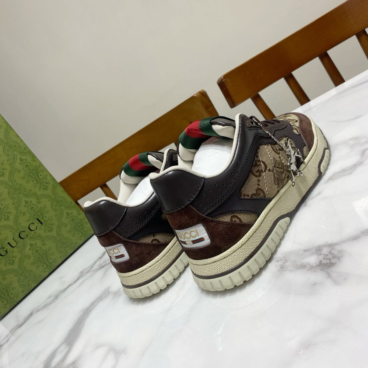 GUCCI 26S RE-WEB TRAINER SNEAKERS IN BROWN CALFSKIN AND BEIGE CANVAS