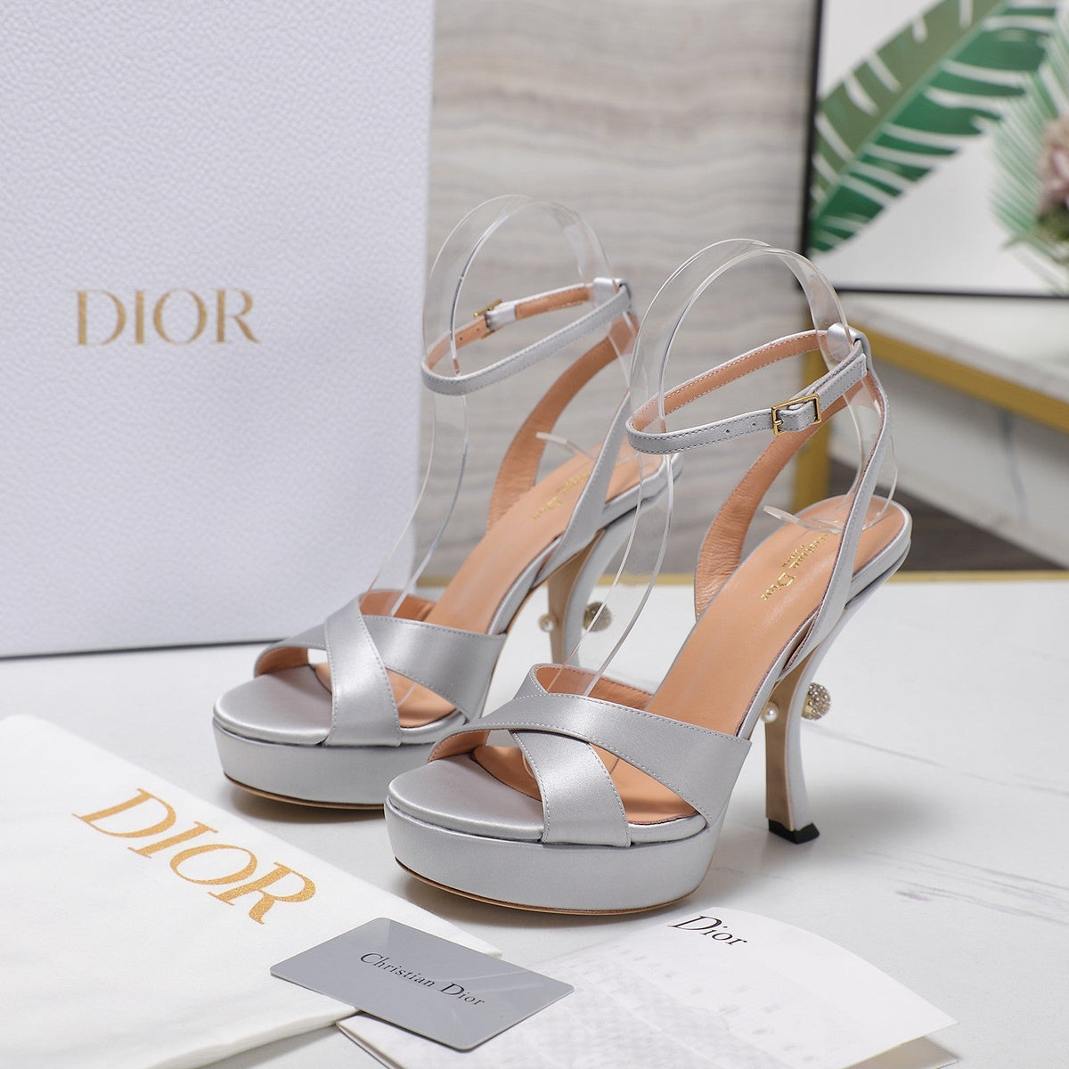 DIOR PEARL-EMBELLISHED HIGH HEEL SANDALS 25S 115 MM IN SILVER SATIN